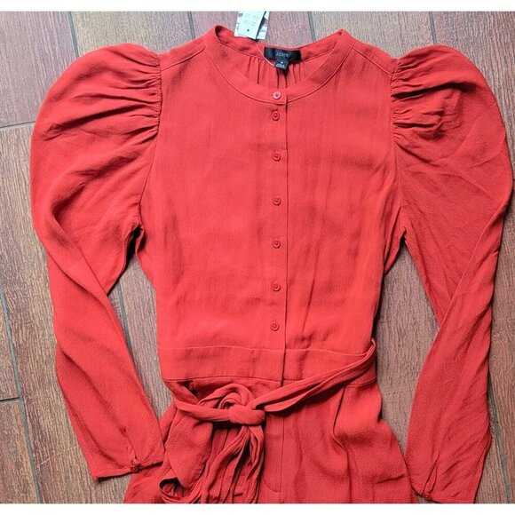 J CREW Puff Sleeve Casual Jumpsuit Straight Fit RED ORANGE Drapey Size 4 NEW - Picture 7 of 15
